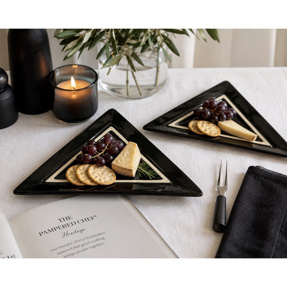 Pampered Chef Simple Additions Black Triangle Plates Set of 2 Ceramic Appetizer